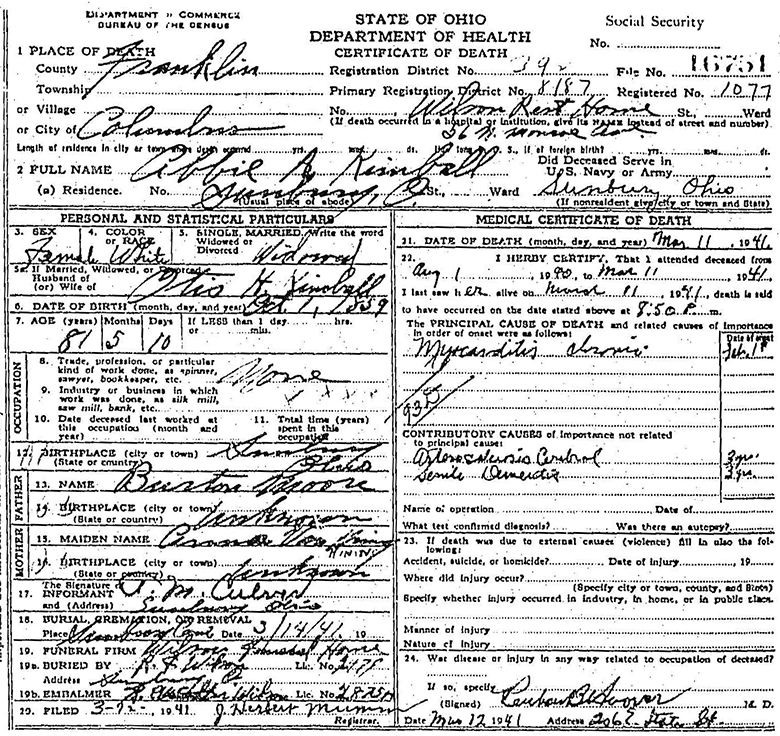 Death Certificate of Abbie A. Kimball (n&eacute;e Moore) - 11 March 1941