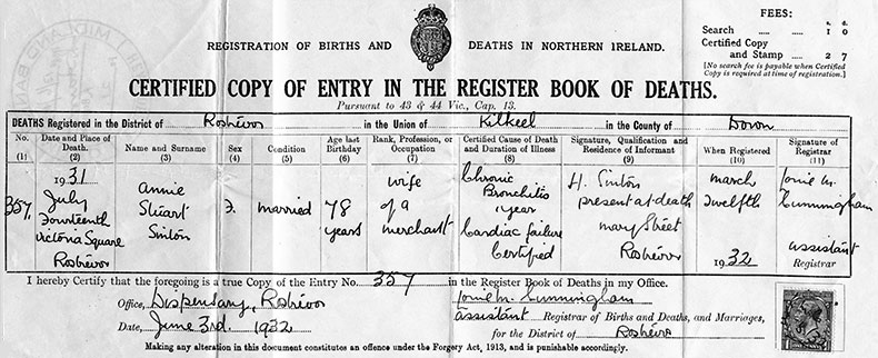 Death Certificate of Annie Stuart Sinton {n&eacute;e McFadden) - 14 July 1931
