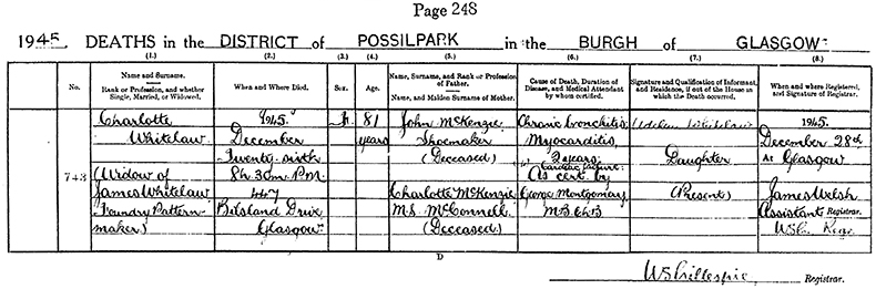 Death Certificate of Charlotte (n&eacute;e McKenzie) - 26 December 1945