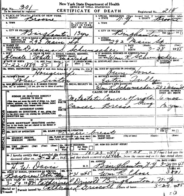 Death Certificate of Deanie Schumacher (n&eacute;e Sinton) 1886 - 1945