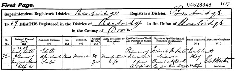 Death Certificate of Edith Uprichard Sinton (n&eacute;e Woods) - 26 February 1909