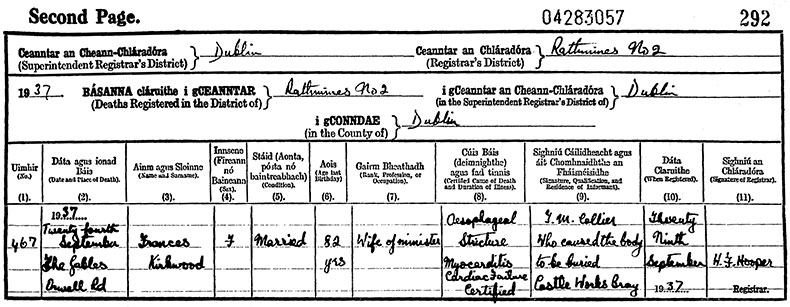 Death Certificate of Frances Kirkwood (n&eacute;e Hill) - 24 September 1937