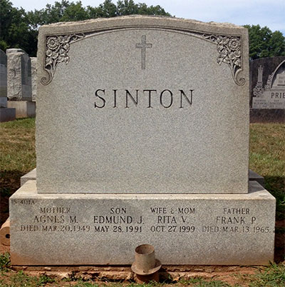 Headstone of Rita V. Sinton (n&eacute;e Carroll) 1917 - 1999