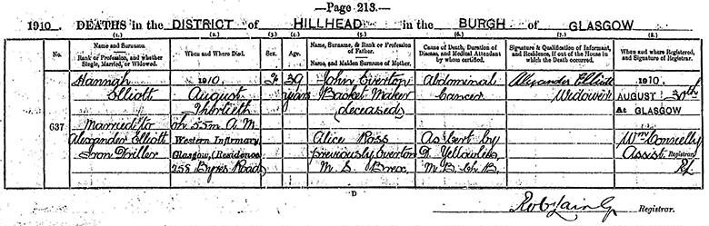 Death Certificate of Hannah Elliott (n&eacute;e Everton) - 39 August 1910