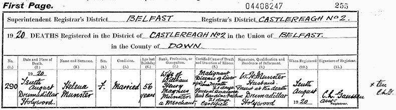 Death Certificate of Helena Munster (n&eacute;e Greeves) - 10 August 1920