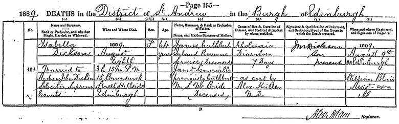 Death Certificate of Isabella Dickson (n&eacute;e Cuthbert) - 8 August 1889