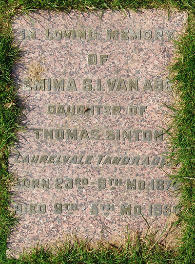 Headstone of Jemima Sarah Isabella Van Abbe (n&eacute;e Sinton) 1872 - 1952