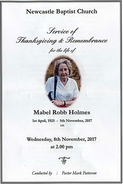 Funeral Service for Mabel Robb Holmes (n&eacute;e Speers) - 8 November 2017