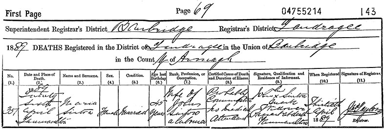 Death Certificate of Maria Sinton (n&eacute;e Greenlee) - 26 April 1889