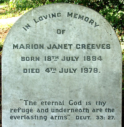 Headstone of Marion Janet Greeves (n&eacute;e Cadbury) 1894 - 1979