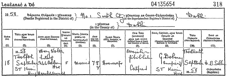 Death Certificate of Mary Elizabeth Walton (n&eacute;e Kirkwood) - 12 September 1958