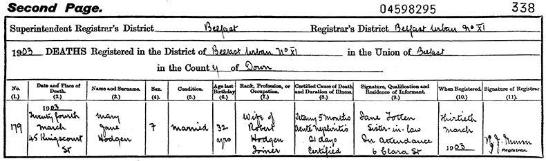 Death Certificate of Mary Jane Hodgen (n&eacute;e Totten) - 24 March 1903