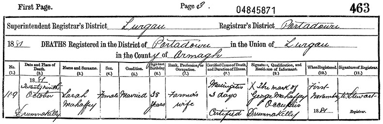 Death Certificate of Sarah Mahaffey (n&eacute;e Quinn) - 28 October 1881