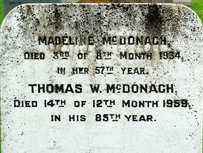 Headstone of Madeline McDonagh (n&eacute;e Ross) 1877 - 1934